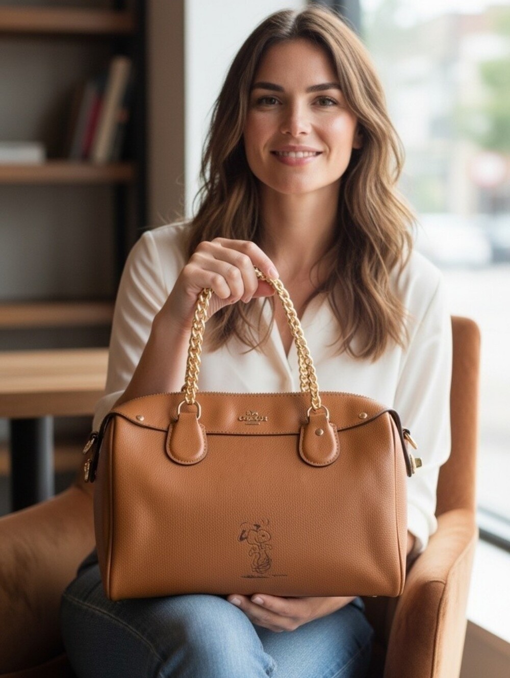 Coach x Peanuts Limited Edition Snoopy Brown Leather Satchel - Custom Gold Chain